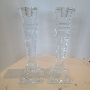 Clear Crystal Glass Candle Holders 10" Set Of‎ 2